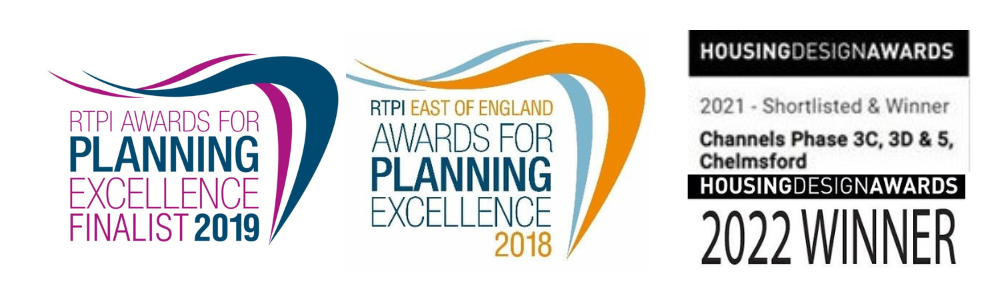 Logos for RTPI Awards for Planning Excellence Finalist 2018 and 2019, and Housing Design Awards (2021 shortlisted and winner in 2022)