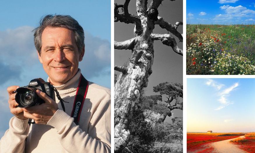 Photographer Oleksii Semenenko alongside a collage of his photographs, including a field of colourful flowers and a bare tree in black and white. 