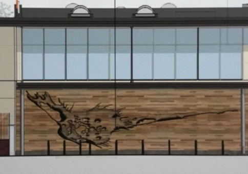 Timber-clad relief on the side of a building