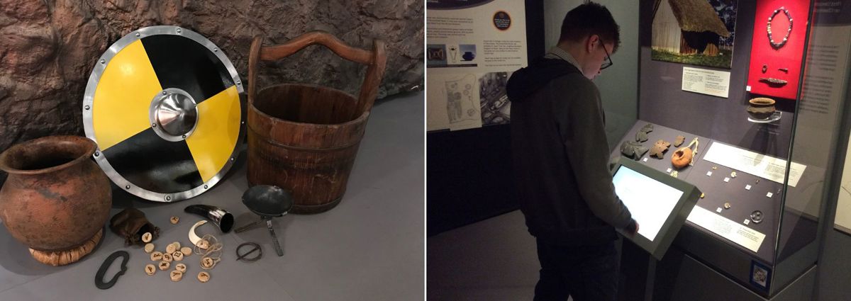 A selection of Anglo Saxon items and a child looking at the Anglo Saxon exhibit. 