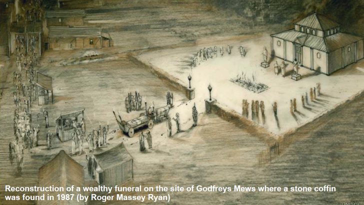 Artists reconstruction of wealthy funeral on site of Godfreys Mews where stone coffin was found in 1987 (Credit Roger Massey Ryan)