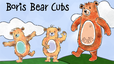 Illustrated father bear with two cubs standing on a green hill.