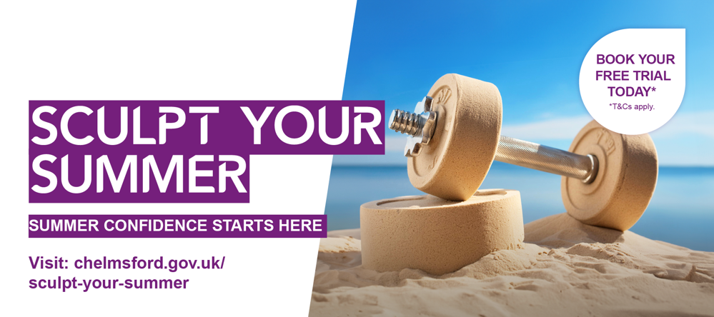 Sculpt your summer. Summer confidence starts here. Book your free trial today (with dumbbell sculpted out of sand)