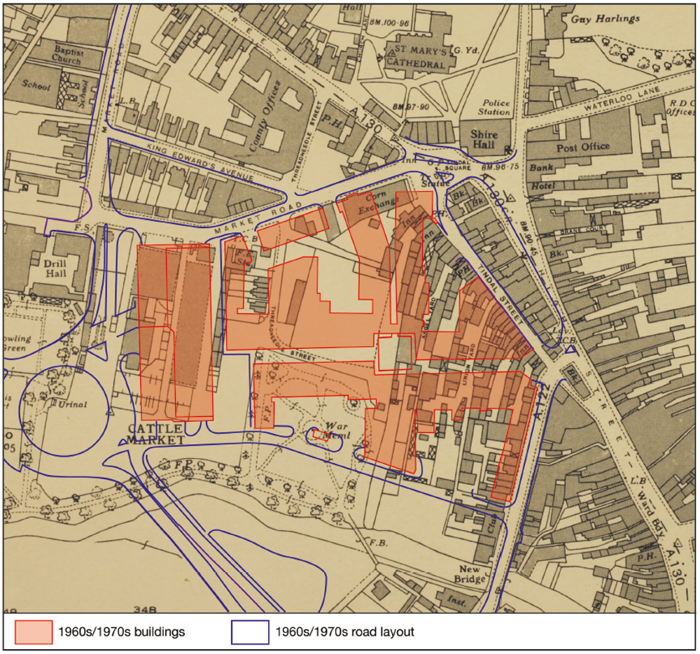 Map from 1974 showing layout of High Chelmer and new roads over the top of existing street pattern