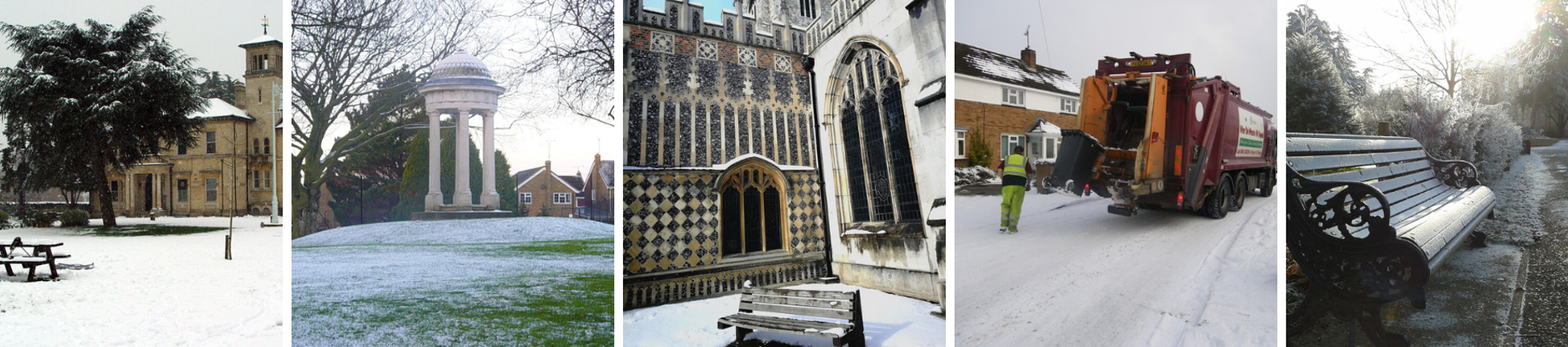 Snowy pictures of Chelmsford Museum, Tower Gardens, Chelmsford Cathedral, refuse collection crews and a bench