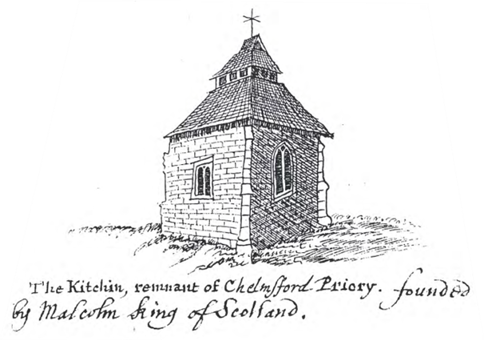 Old illustration showing small stone building