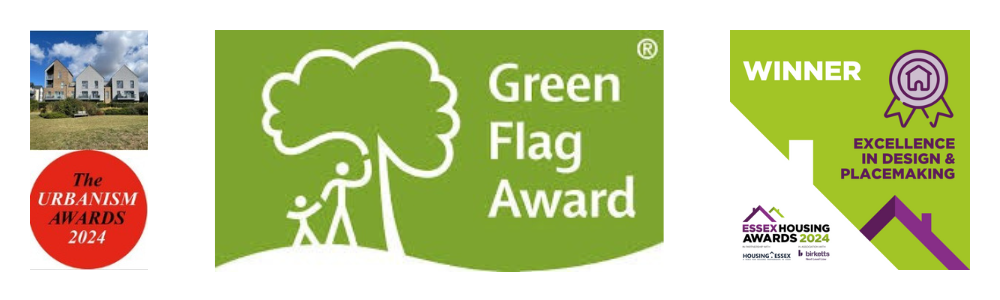 Logos for the Urbanism Award 2024, Green Flag Award and Winner of Excellence in Design and Placemaking for the Essex Housing Awards 2024