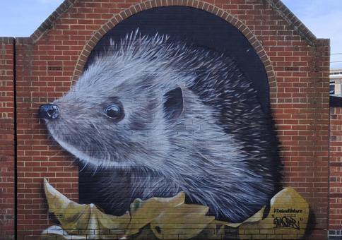 Large mural on brick wall depicting a hedgehog