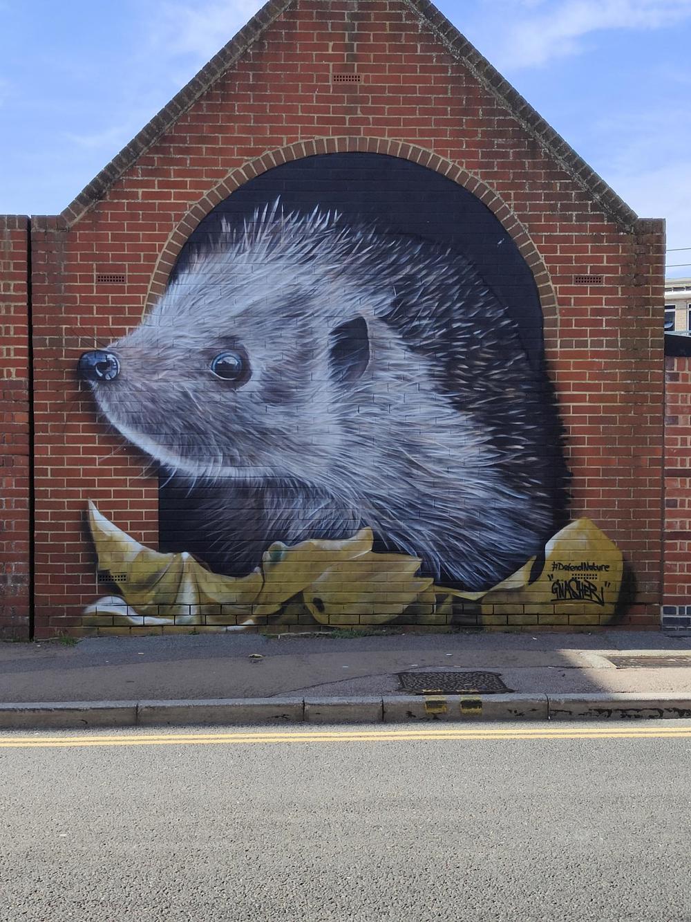 Large mural on brick wall depicting a hedgehog