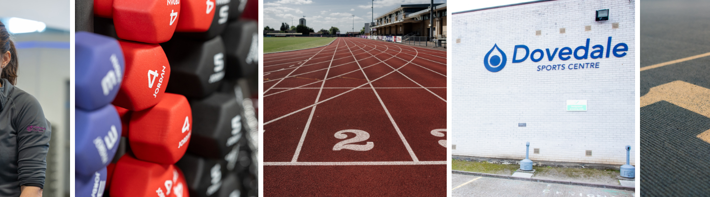 Person in gym, rack of weights, athletics track, Dovedale sports centre and indoor track