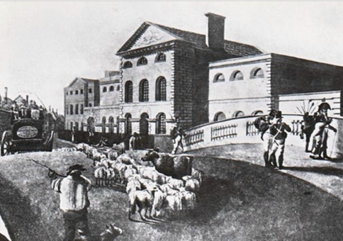 The old County Gaol, demolished in 1859 and the Stone Bridge