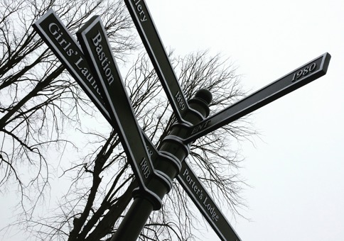 Finger post pointing to historical sites and the years they were there