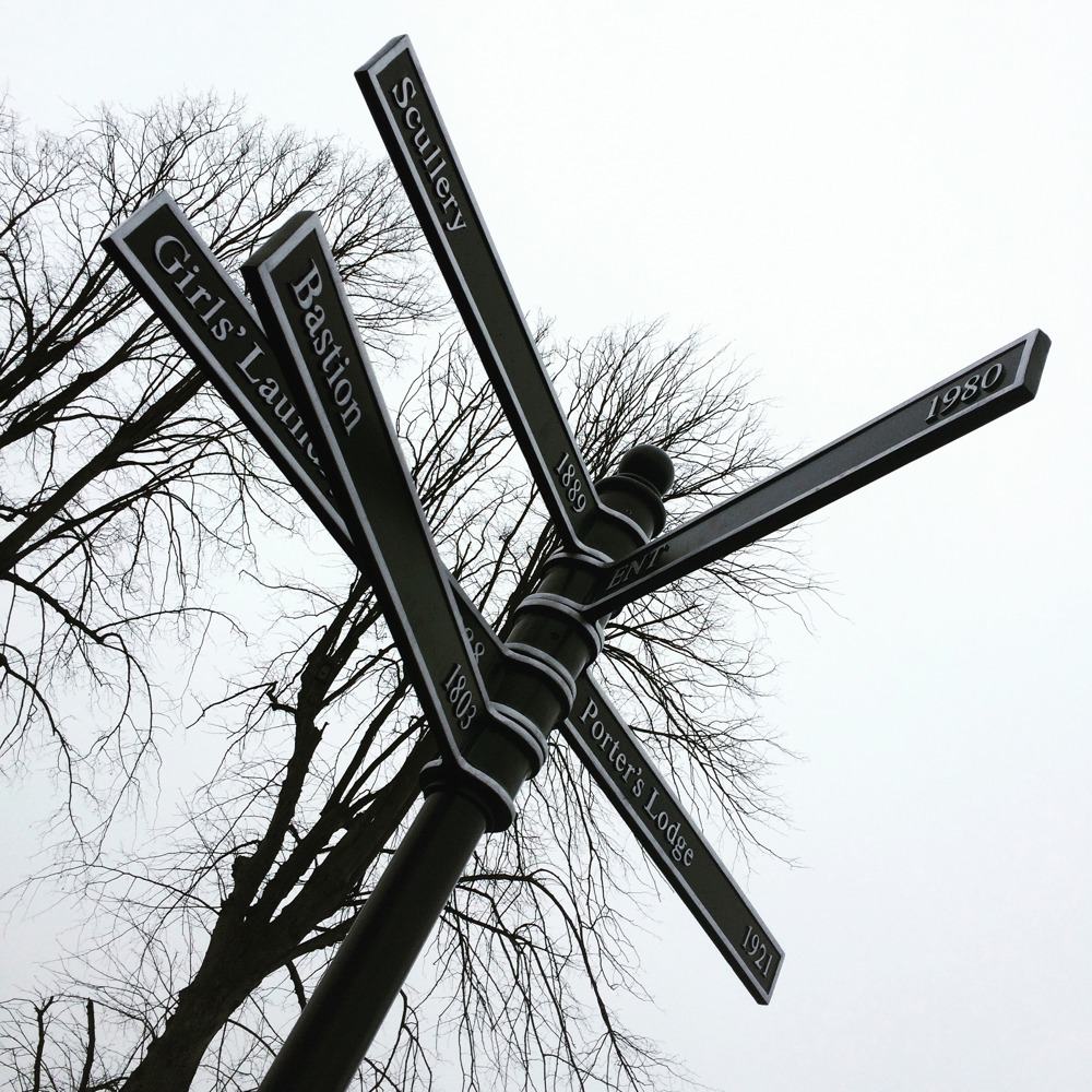 Finger post pointing to historical sites and the years they were there