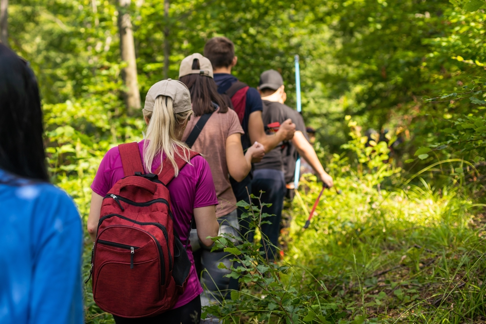 People walking single file along a walking trail