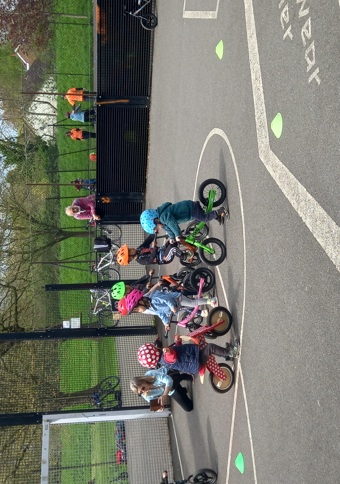 Group of small children learning to ride bikes