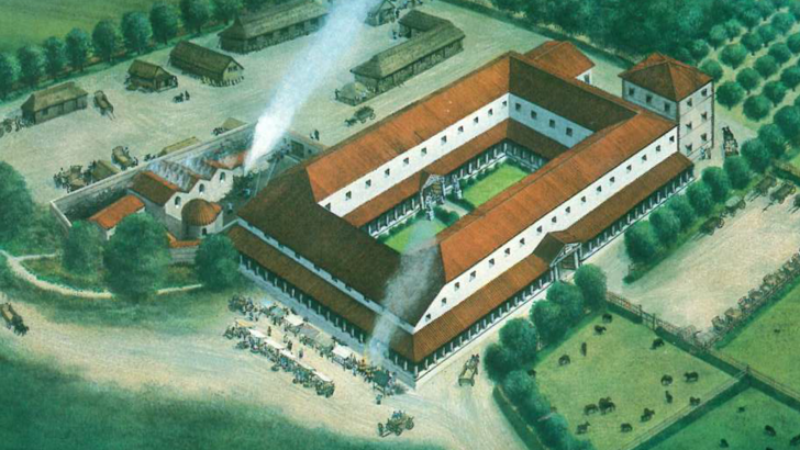 Artists impression of Roman mansio and bath house (Credit Frank Gardiner)